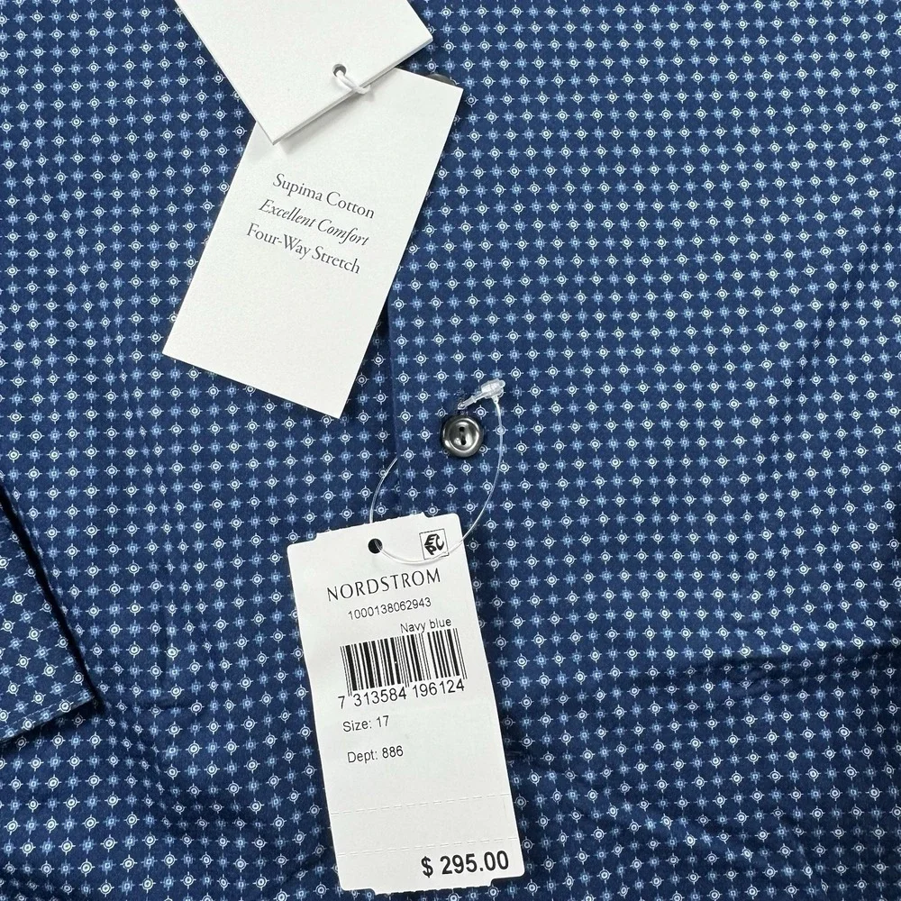 ETON Blue Gray Geometric Current Cotton Stretch L/S Slim Button‎ Front 17/43 NWT